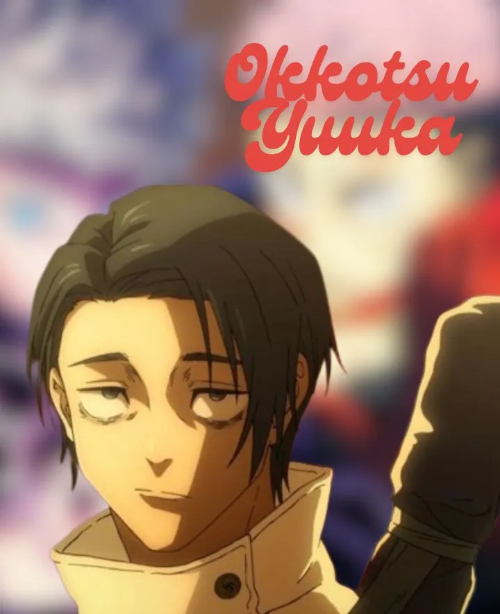 Okkotsu Yuuka with short black hair in beige coat, text Okkotsu Yuuka